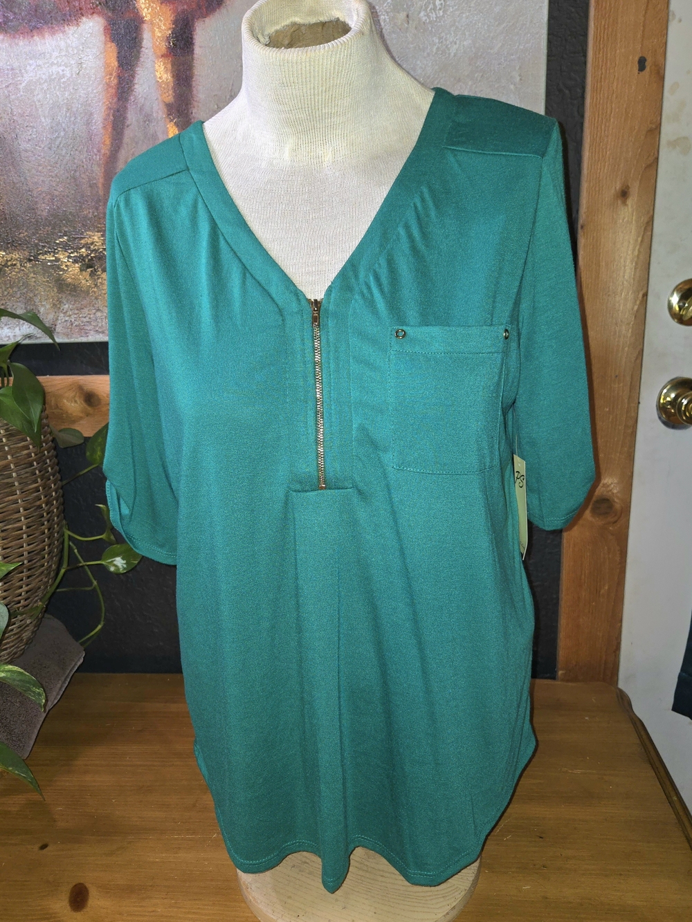 PerSeption Concept Teal V-Neck Zip Pocket Short Sleeve Top
